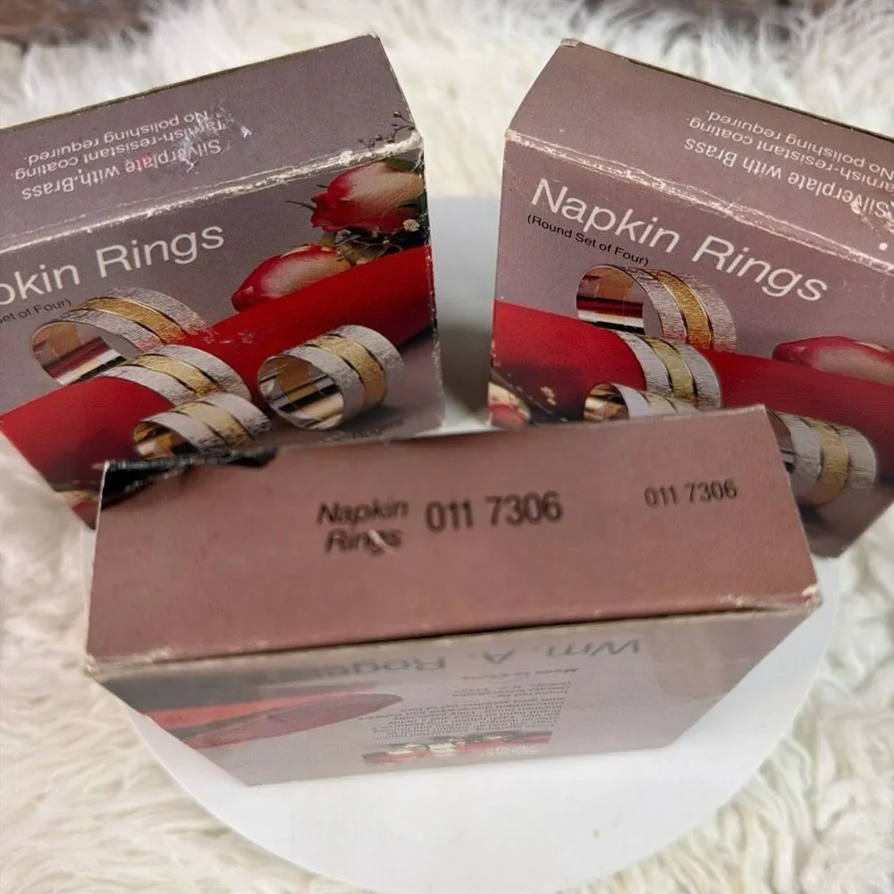 Vintage Set of New 8 William Wm A Rogers Oneida Silverplated Brass Napkin Rings